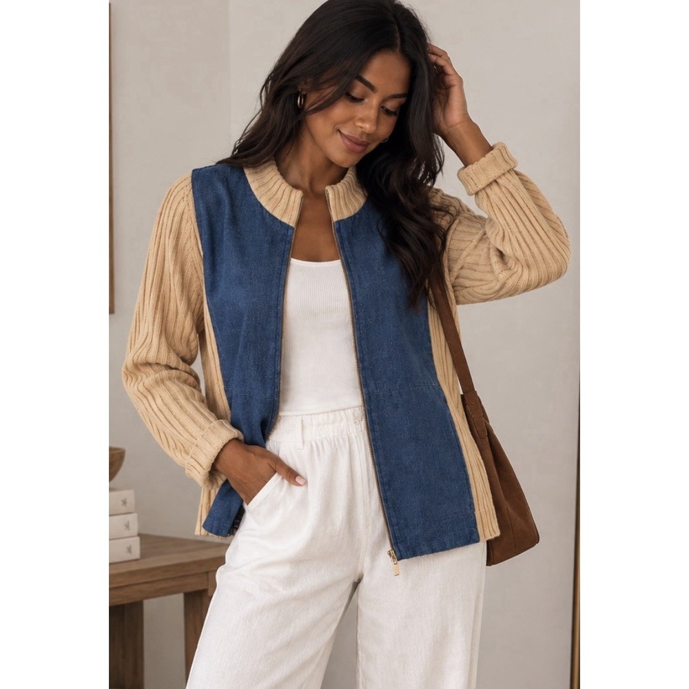 Jennifer Moore Women's Size S Denim Knit Cardigan Jacket Blue  Unique Retro Vtg
